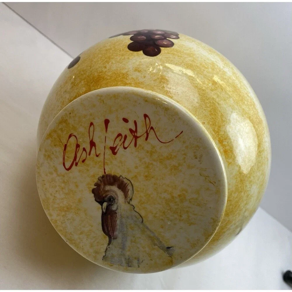 Ceramic Yellow Pitcher Rooster/Chicken Grapes Signed Hand Painted